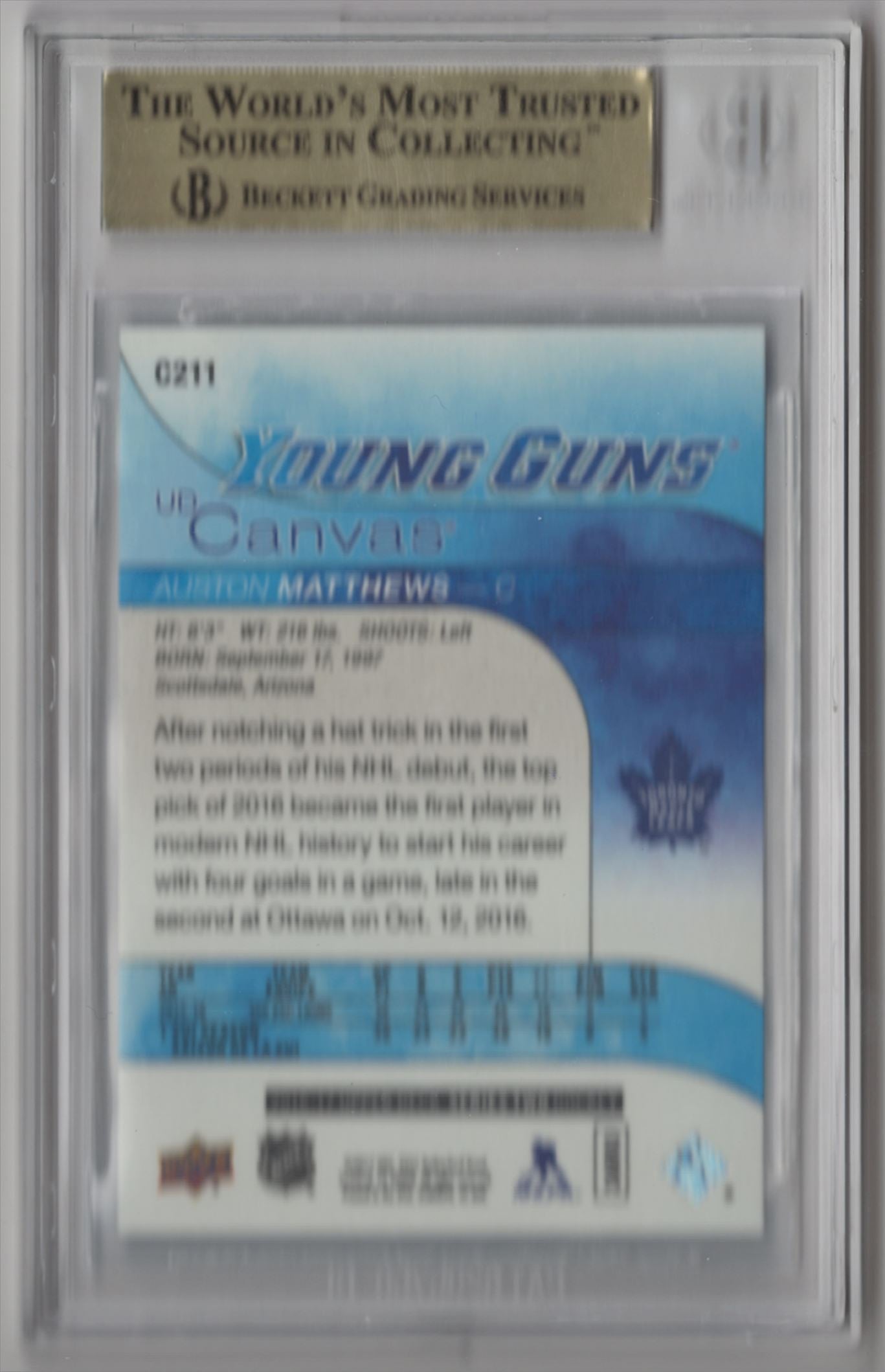 2016-17 Upper Deck Auston Matthews UD Canvas Young Gun - BGS 10