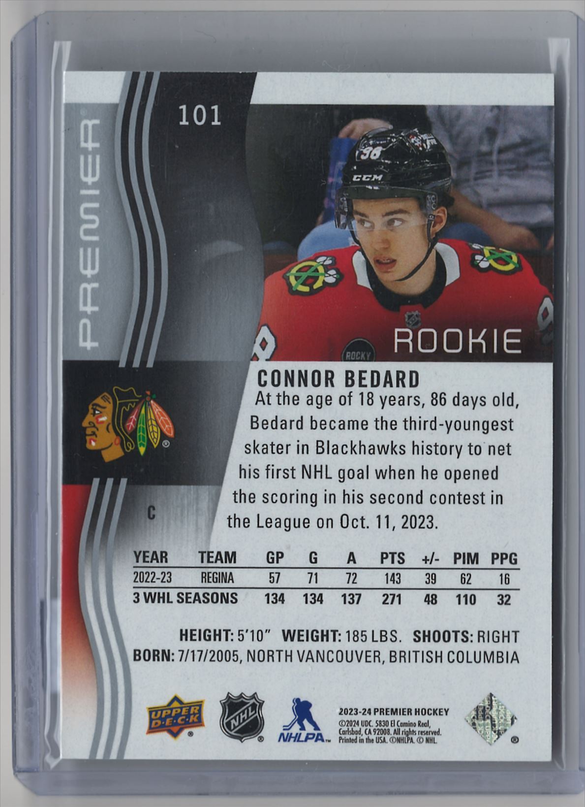 2023-24 Upper Deck Premier Rookie Connor Bedard 293/399