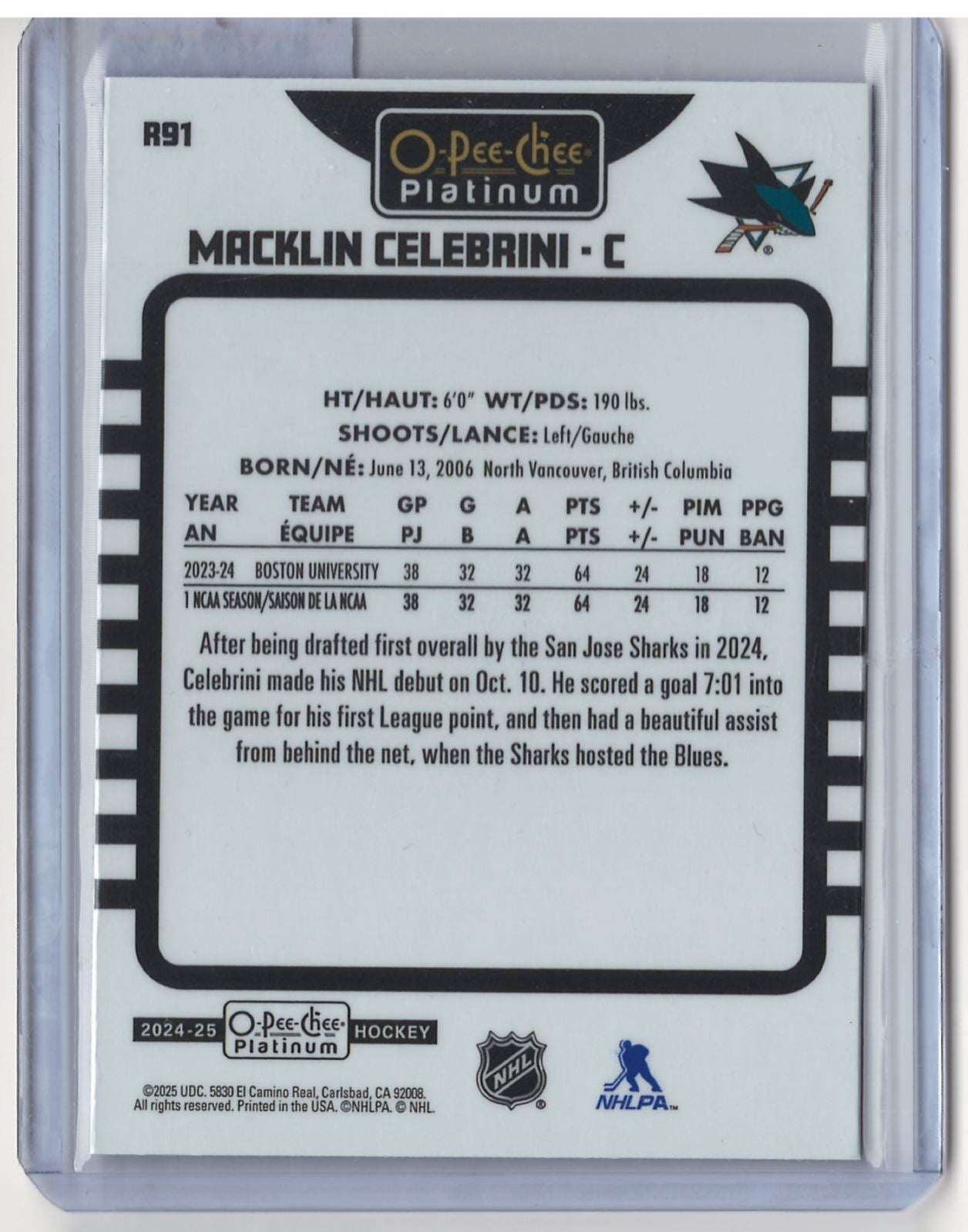 2024-25 O-Pee-Chee Platinum Macklin Celebrini RC