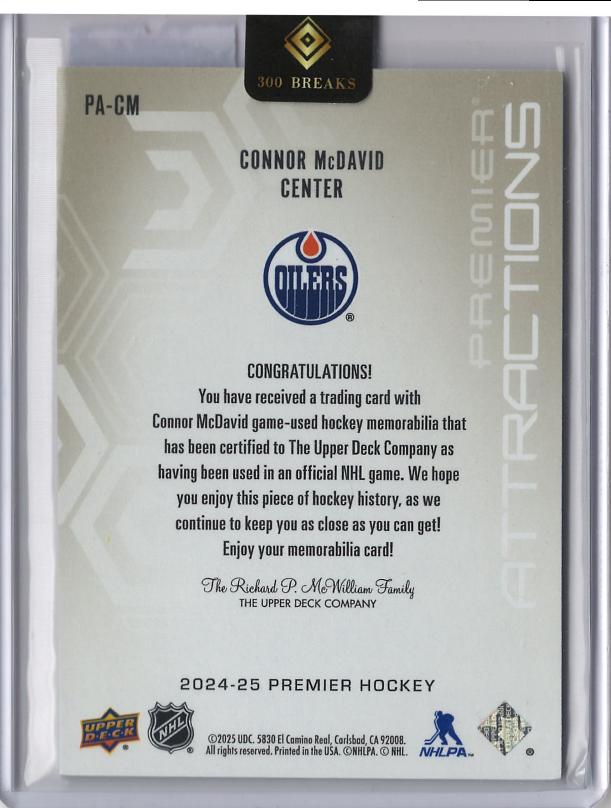 2024-25 Upper Deck Premier Connor McDavid Premier Attractions Patch 44/49