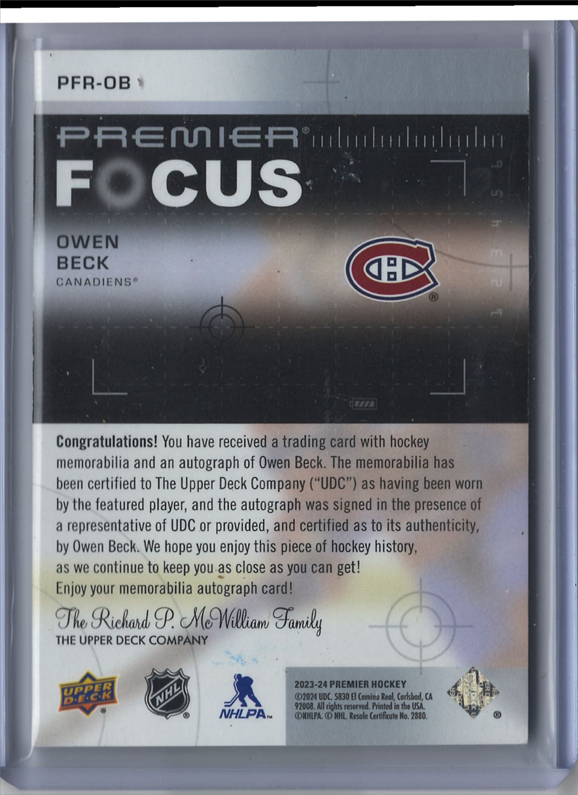 2023-24 Upper Deck Premier Premier Focus Patch Auto Owen Beck 158/175