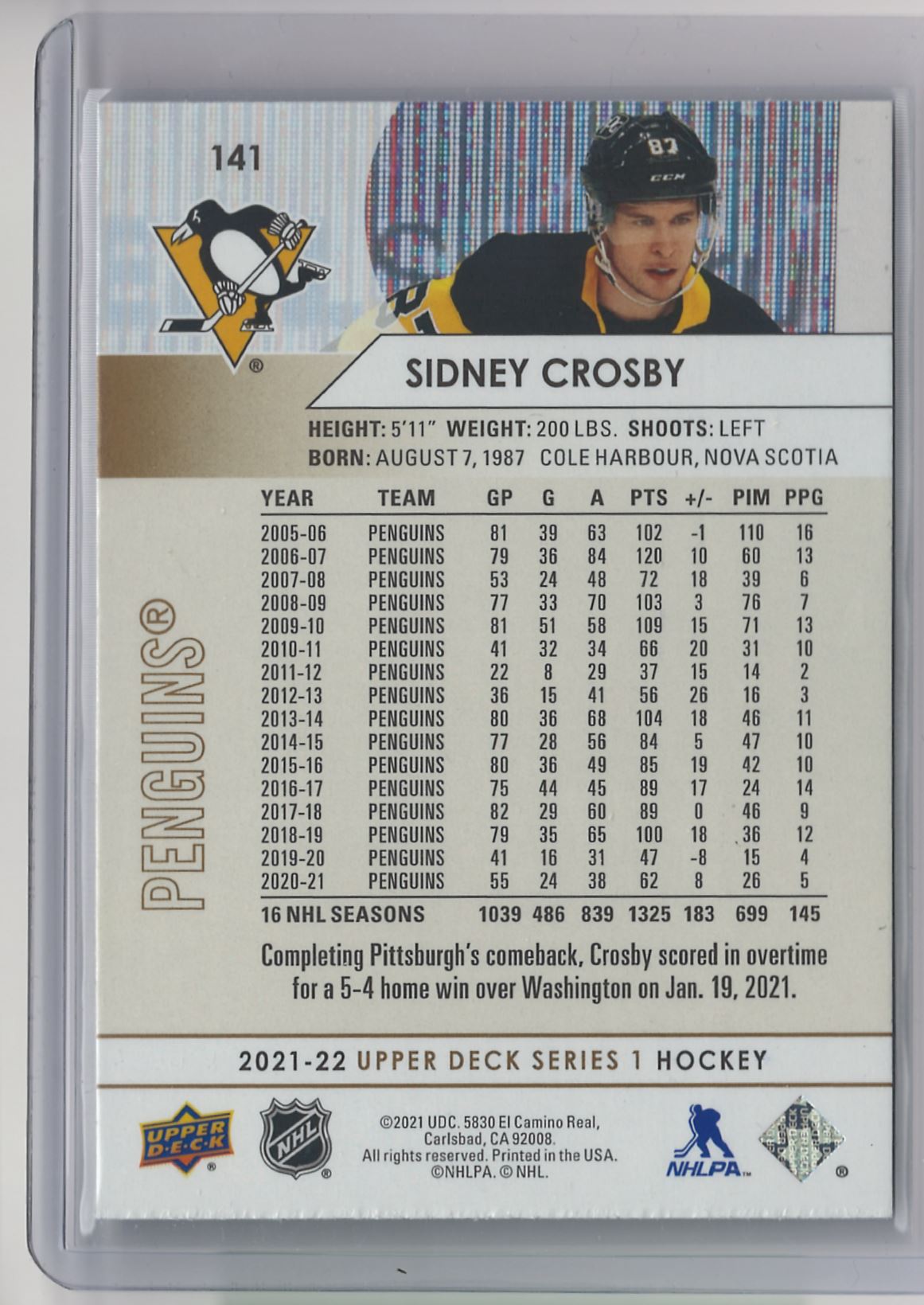 2021-22 Upper Deck Series 1 Sidney Crosby Silver Foil