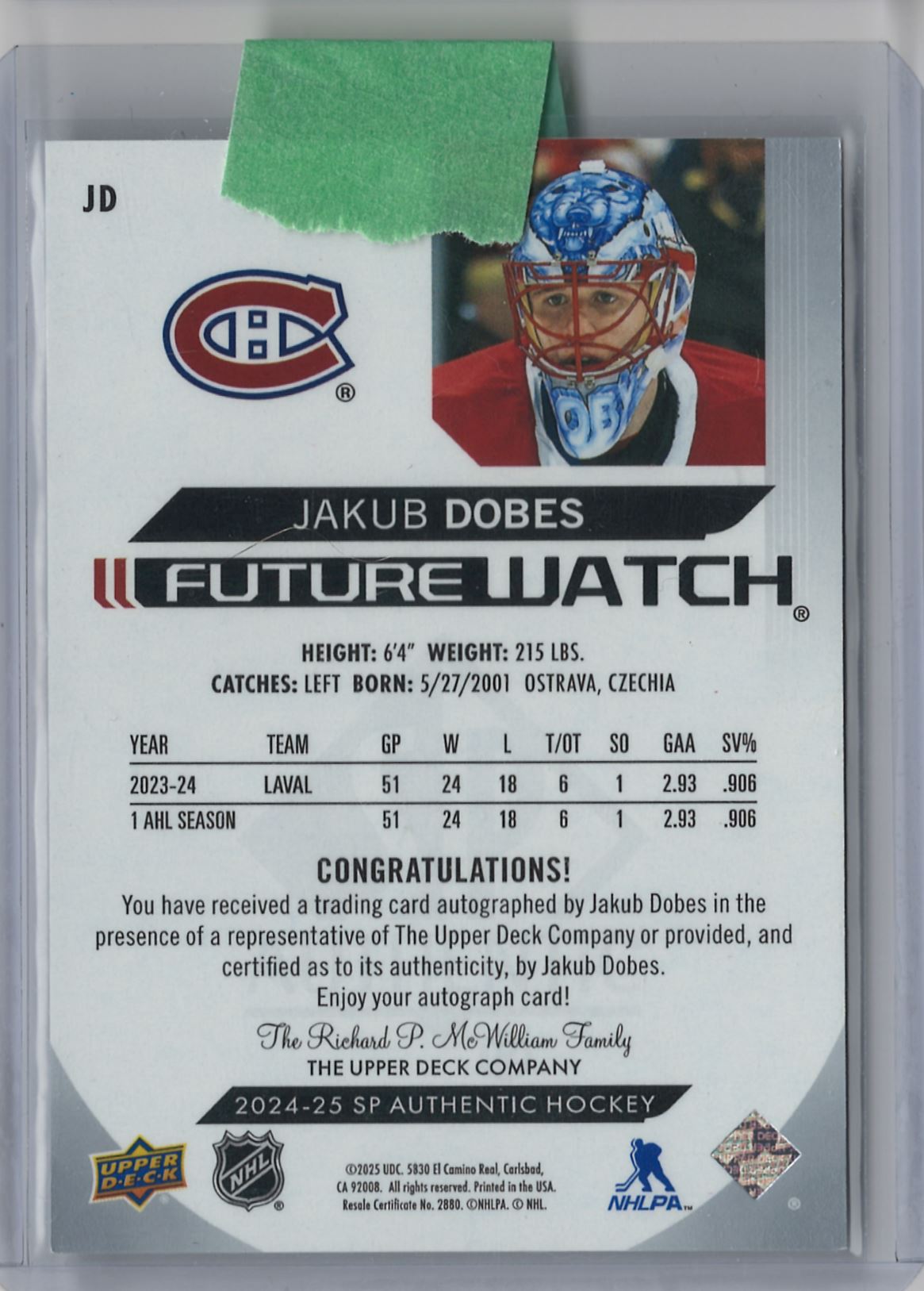2024-25 Upper Deck SP Authentic Jakub Dobes Future Watch Auto 860/999