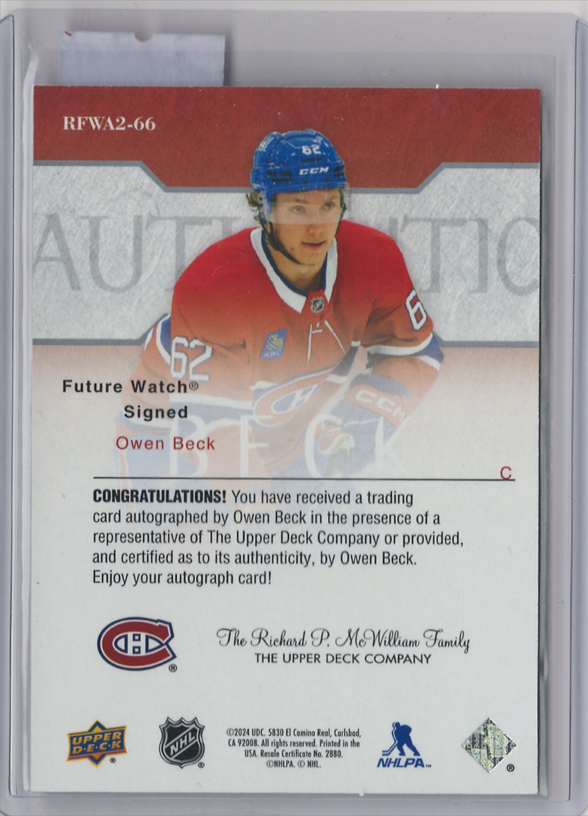 2023-24 Upper Deck SP Authentic Owen Beck Future Watch Auto Retro 094/399