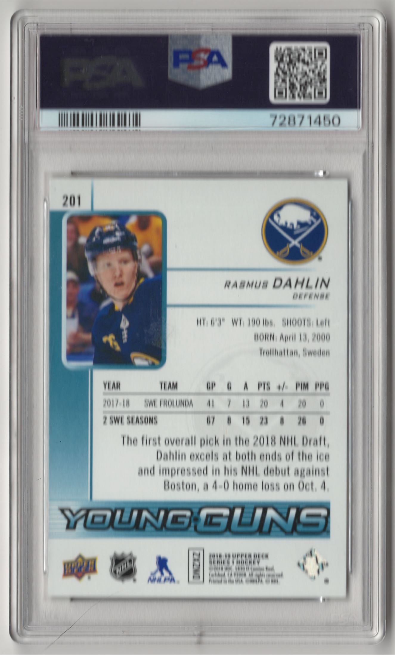 2018 Upper Deck Rasmus Dahlin Young Gun - PSA 10