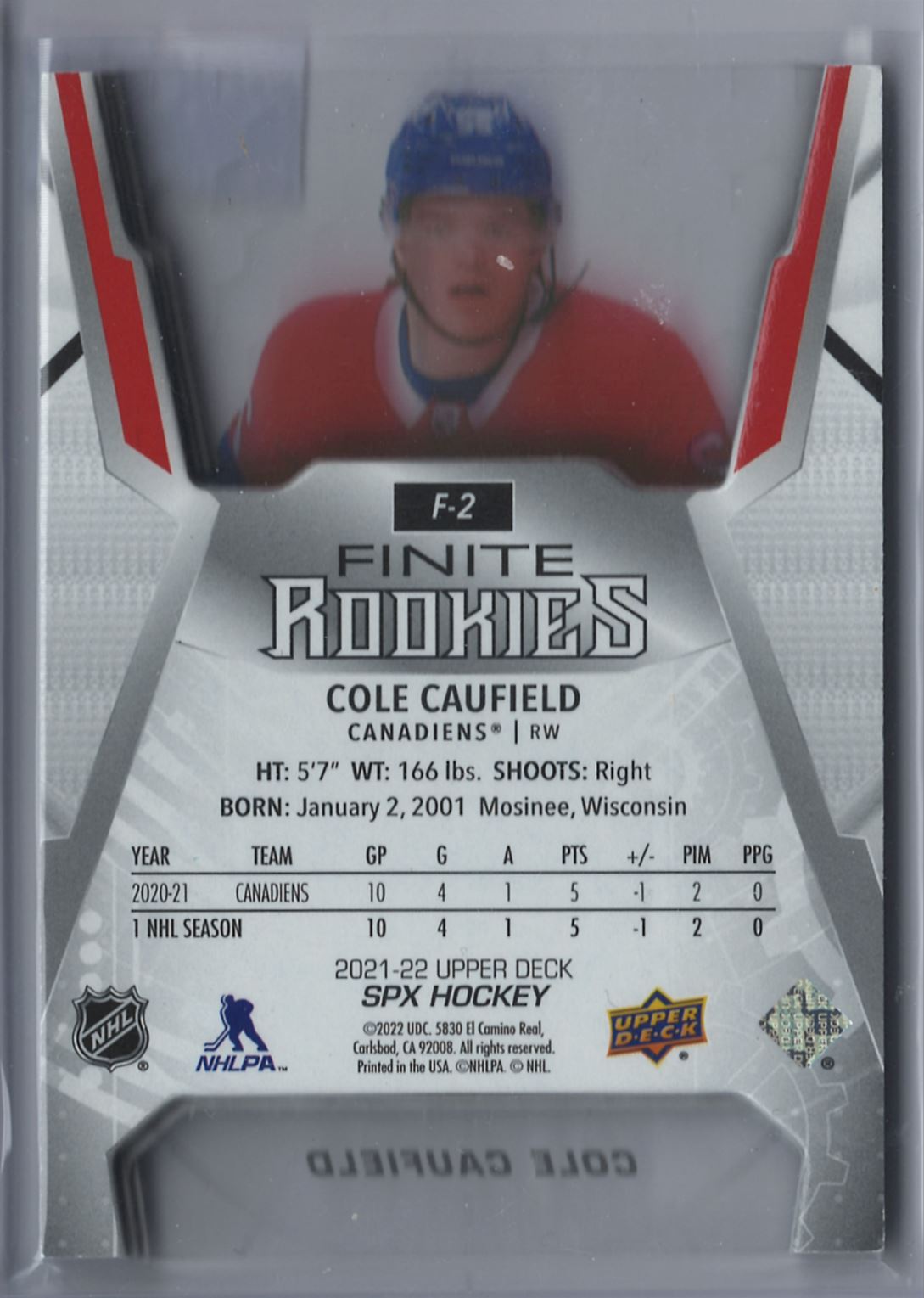 2021-22 Upper Deck SPx Finite Rookies Cole Caufield 005/399