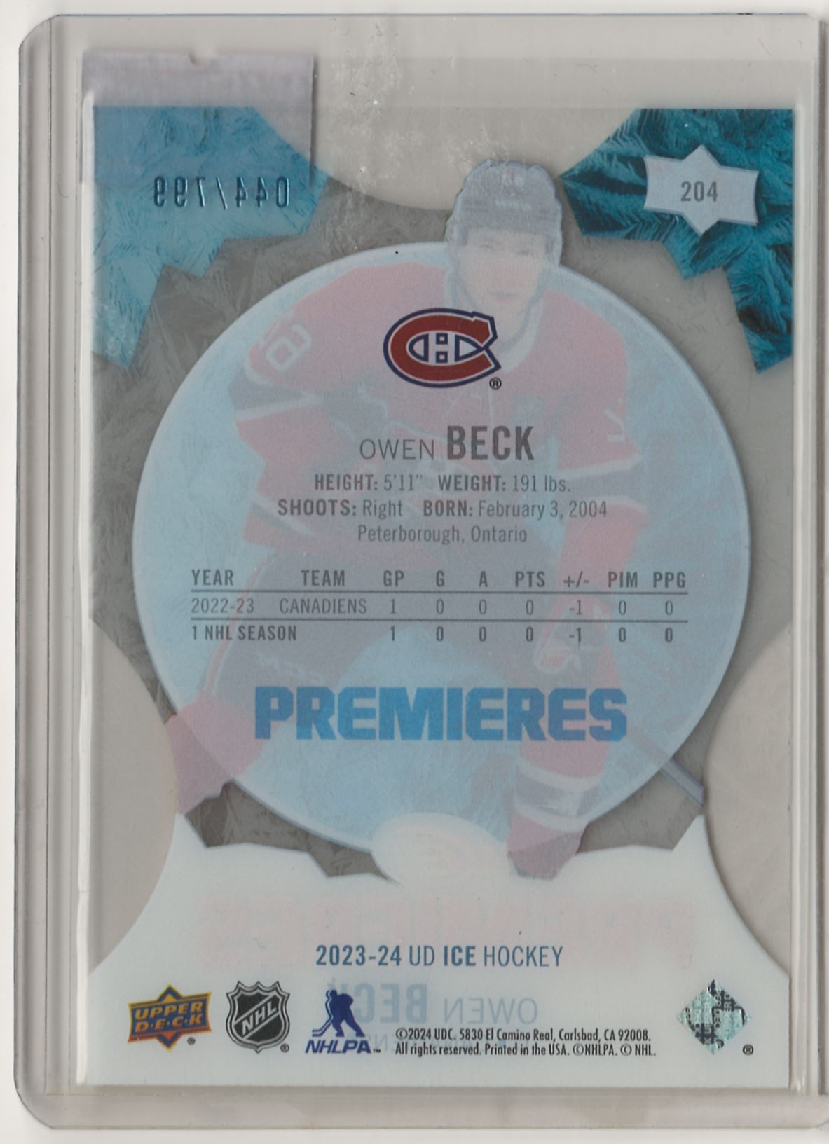 2023-24 Upper Deck Ice Premieres Clear Cut Owen Beck 044/799