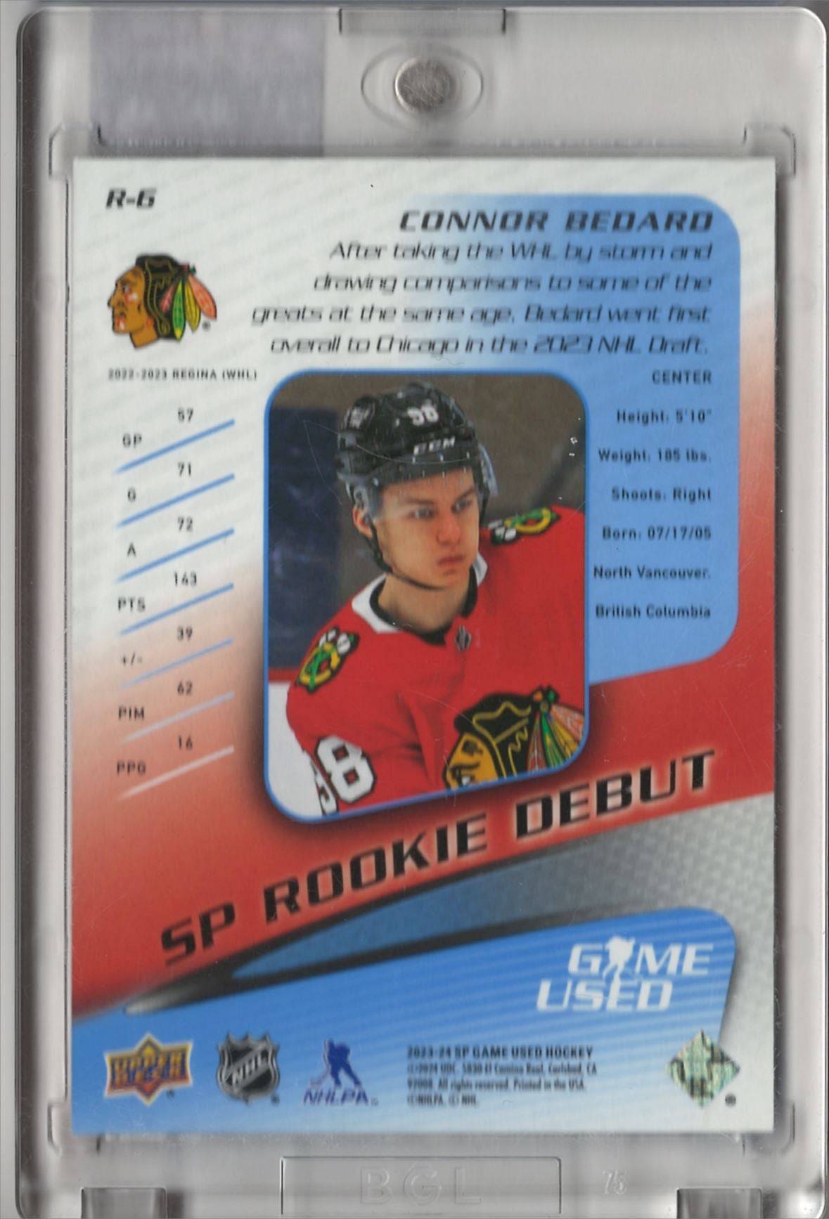 2023-24 SP Game Used Rookie Debut Connor Bedard 19/25
