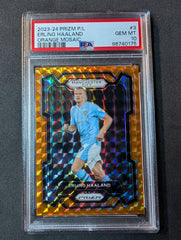 2023-24 Prizm P/L Erling Haaland Orange Mosaic PSA 10